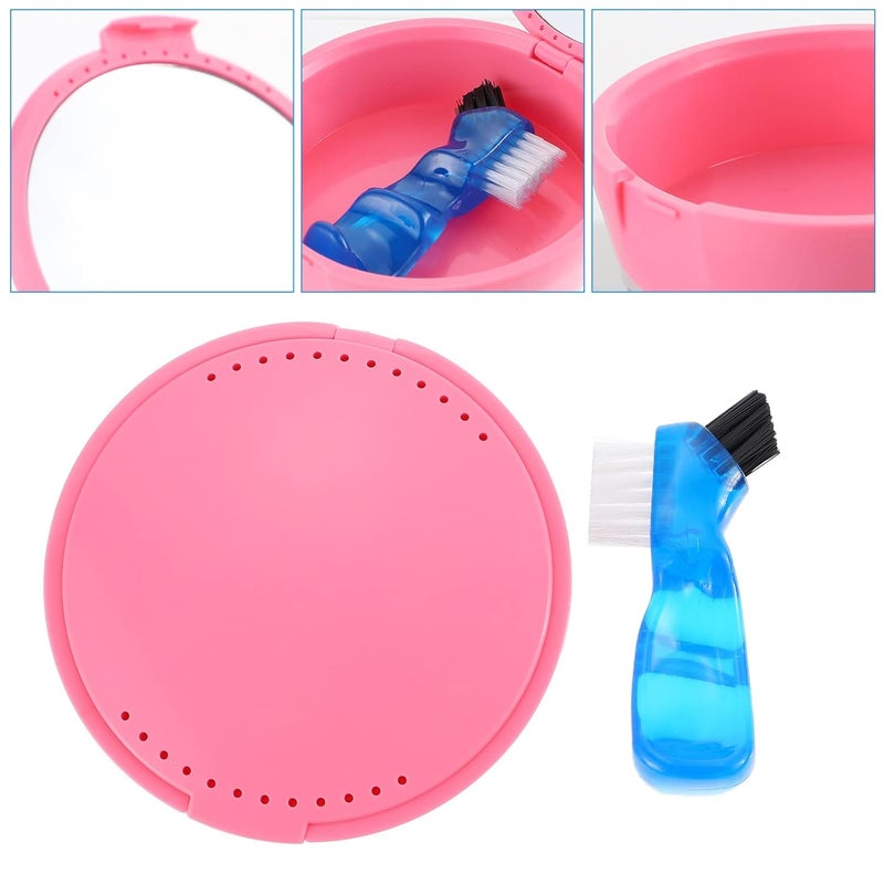Pink Portable Retainer Case 9x9cm with Cleaning Brush and Tooth Holder Travel Storage - Image 3